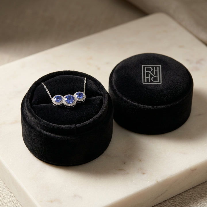 Tanzanite & Diamond Round Halo Trio Necklace in 14K White Gold - presentation