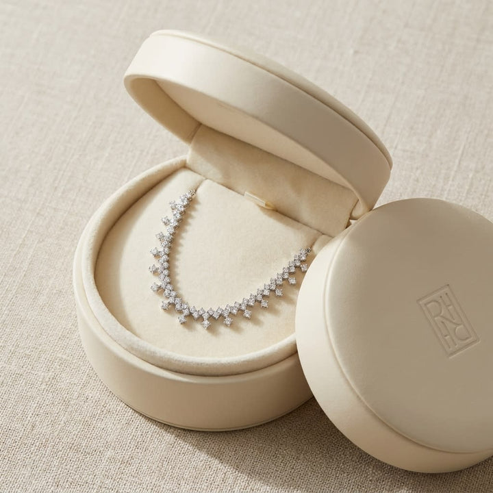 Diamond Prong-set Necklace With Drop Accents in 14K White Gold (3.15ctw), in navy velvet jewelry box