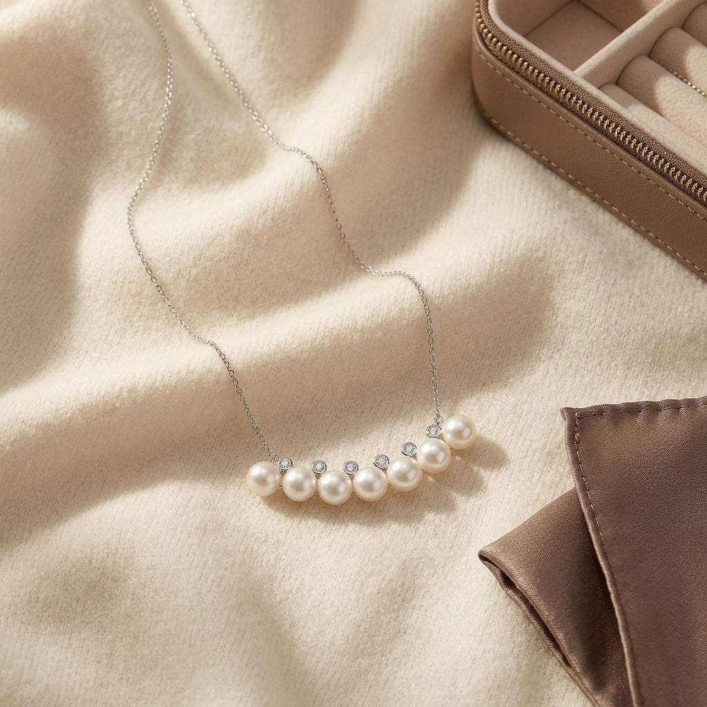 Freshwater Pearl Bar Necklace , 16-18 Inch Chain in 14K White Gold - flat lay