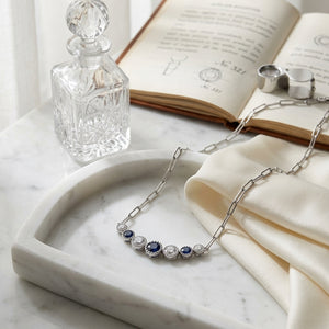 Sapphire & Diamond Graduated 7-Stone Necklace with Millgrained Edging in 14K White Gold - lifestyle