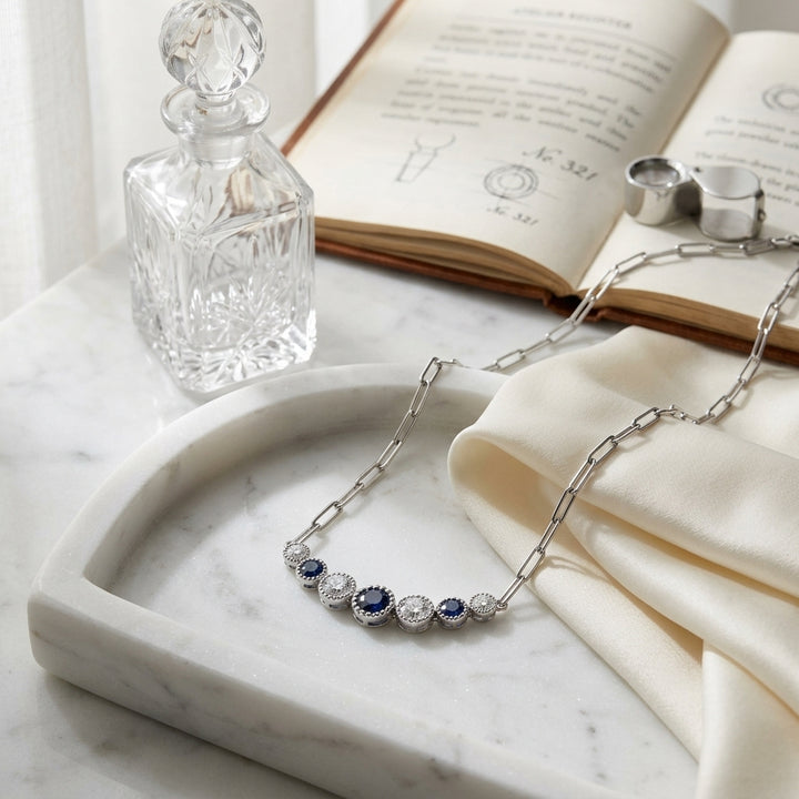 Sapphire & Diamond Graduated 7-Stone Necklace with Millgrained Edging in 14K White Gold - lifestyle