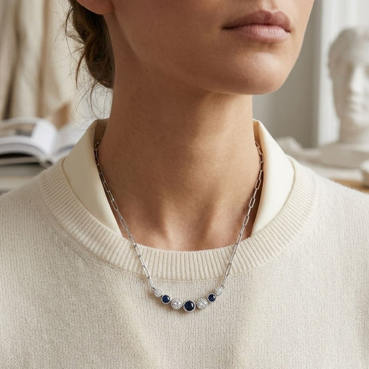 Sapphire & Diamond Graduated 7-Stone Necklace with Millgrained Edging in 14K White Gold - editorial