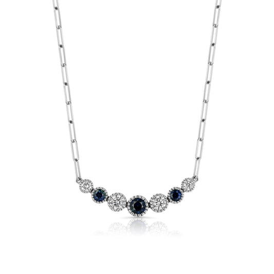 Sapphire And Diamond Graduated 7-stone Necklace With Millgrained Edging In 14k White Gold