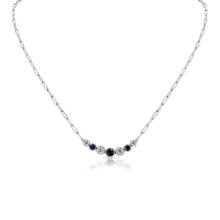 Sapphire And Diamond Graduated 7-stone Necklace With Millgrained Edging In 14k White Gold