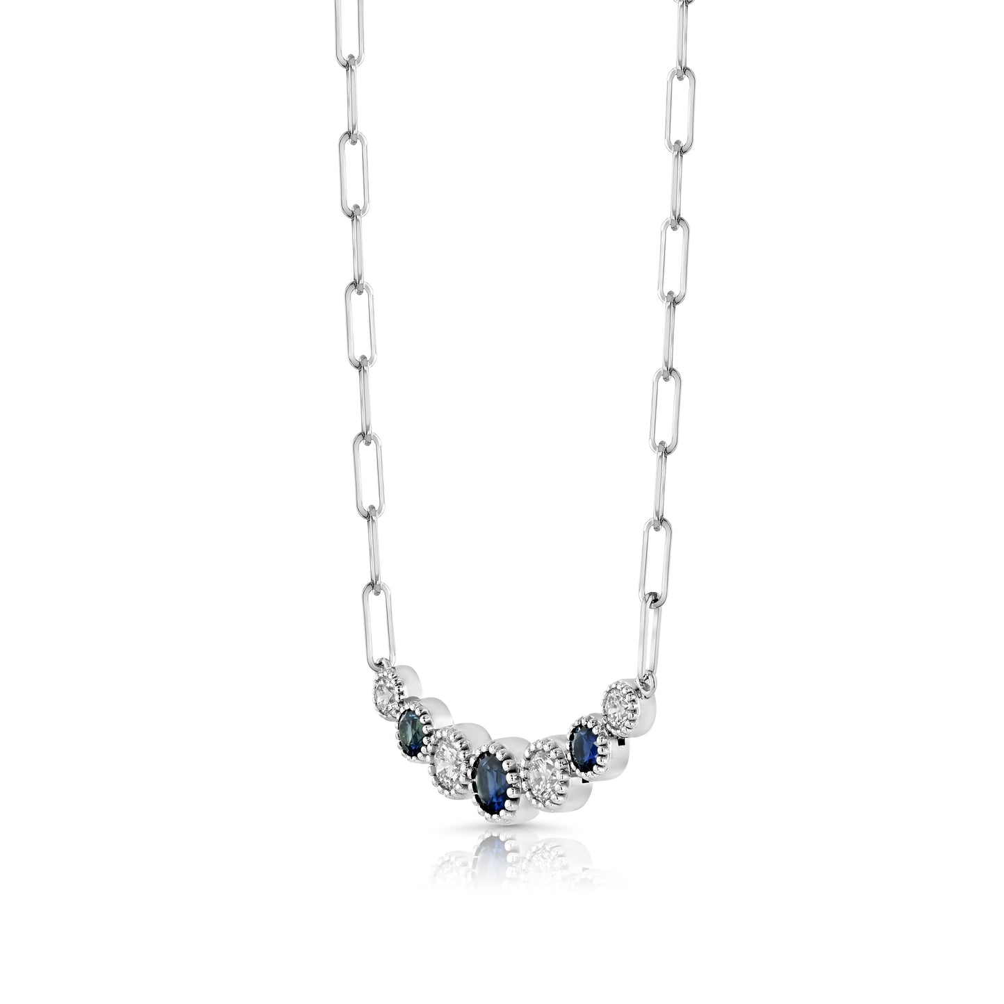 Sapphire And Diamond Graduated 7-stone Necklace With Millgrained Edging In 14k White Gold