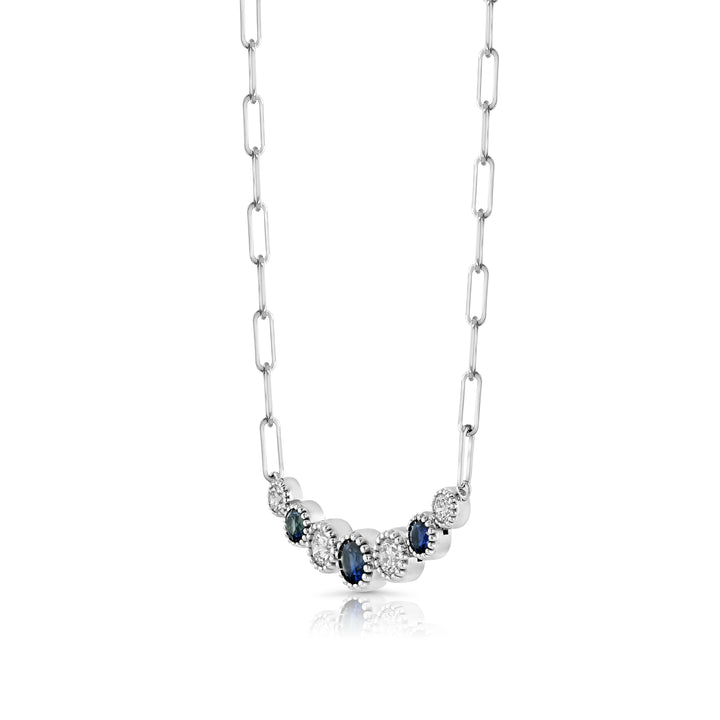 Sapphire And Diamond Graduated 7-stone Necklace With Millgrained Edging In 14k White Gold
