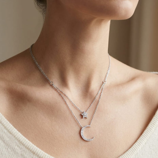 Diamond Star And Moon Layered Necklace in 14K White Gold, 16-18 Inch Adj Chain, worn close-up portrait
