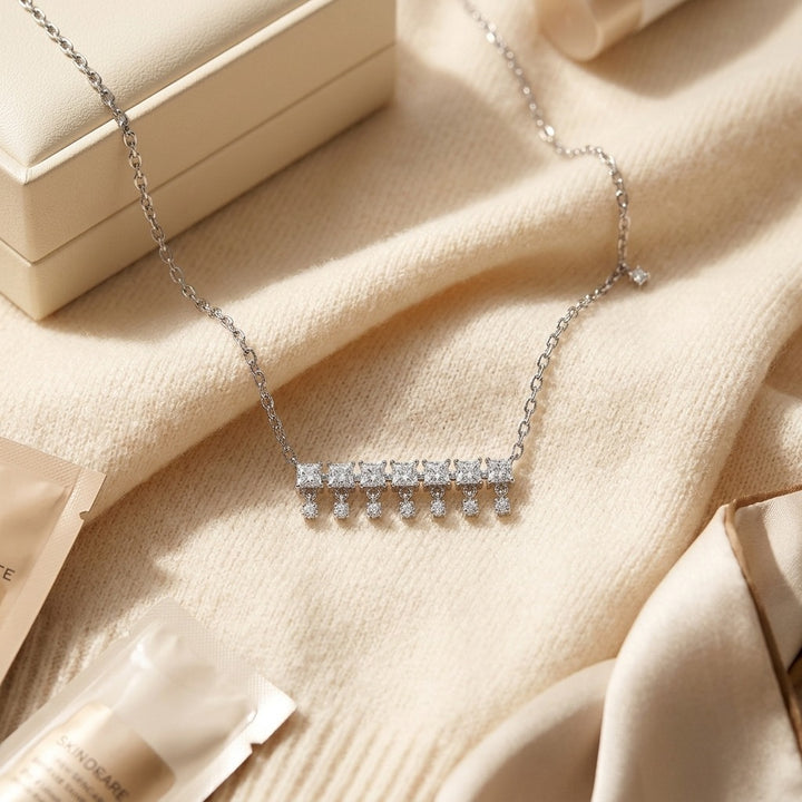 Diamond Princess Cut & Round Fringe Bar Necklace , 16-18 Inch Adj Chain in 14K White Gold - flat lay