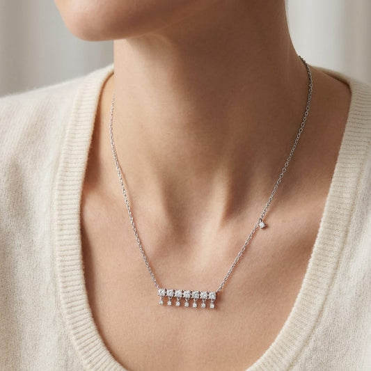 Diamond Princess Cut And Round Fringe Bar Necklace in 14K White Gold, 16-18 Inch Adj Chain, worn close-up portrait