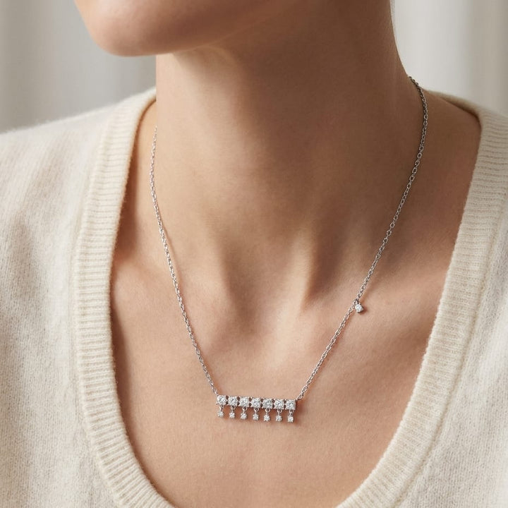 Diamond Princess Cut And Round Fringe Bar Necklace in 14K White Gold, 16-18 Inch Adj Chain, worn close-up portrait