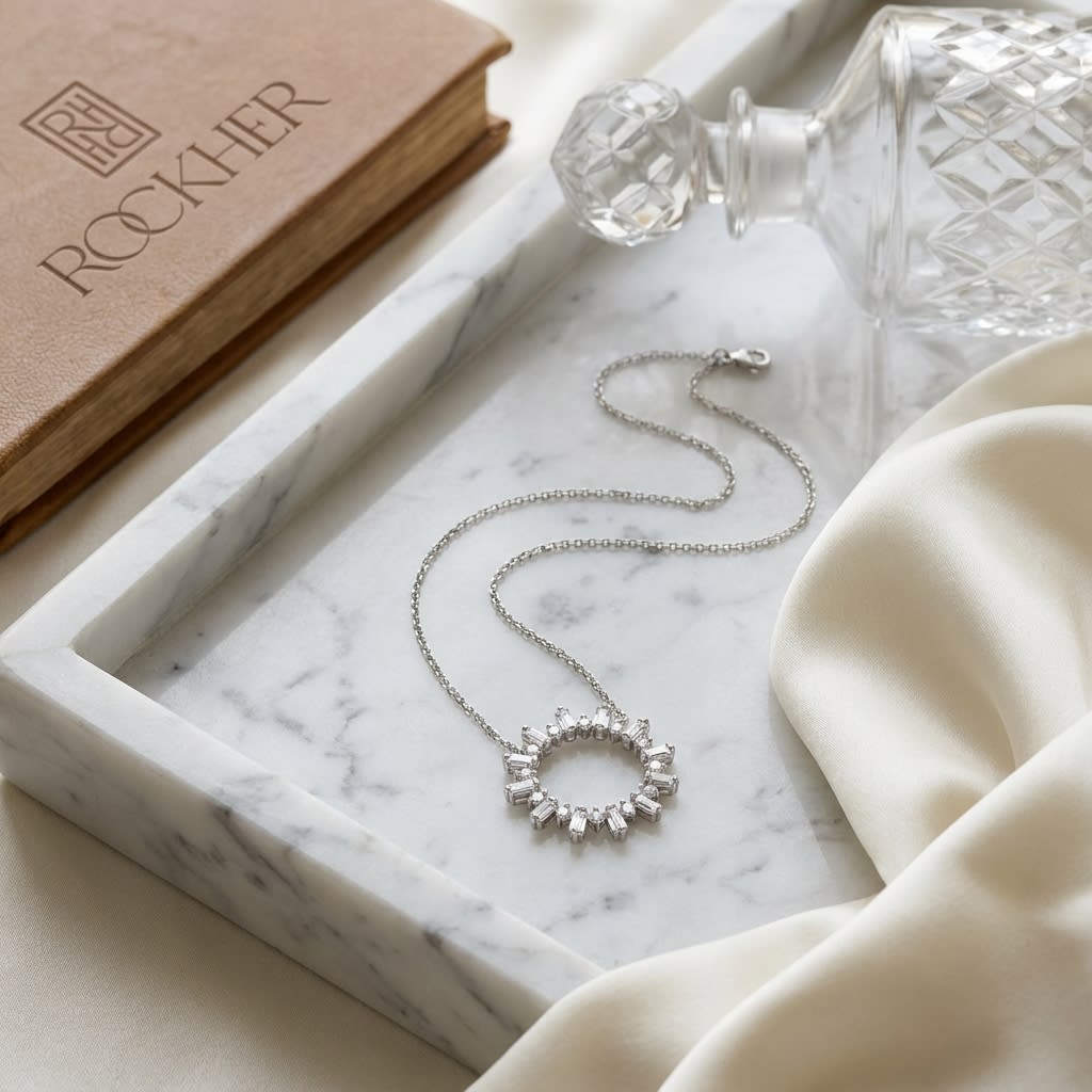 Diamond Sun Ray Necklace In 14k White Gold 0.70ctw, Adjustable 16-18 Inch Length, on marble vanity tray with silk