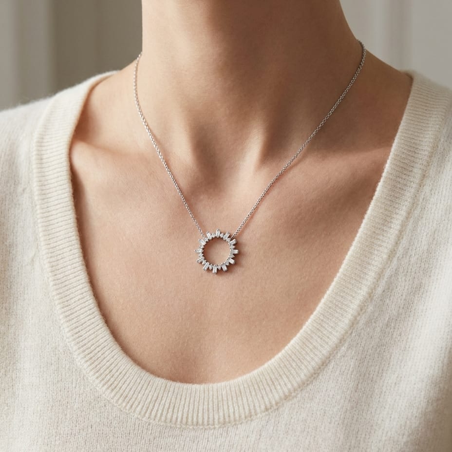 Diamond Sun Ray Necklace In 14k White Gold 0.70ctw, Adjustable 16-18 Inch Length, worn close-up portrait