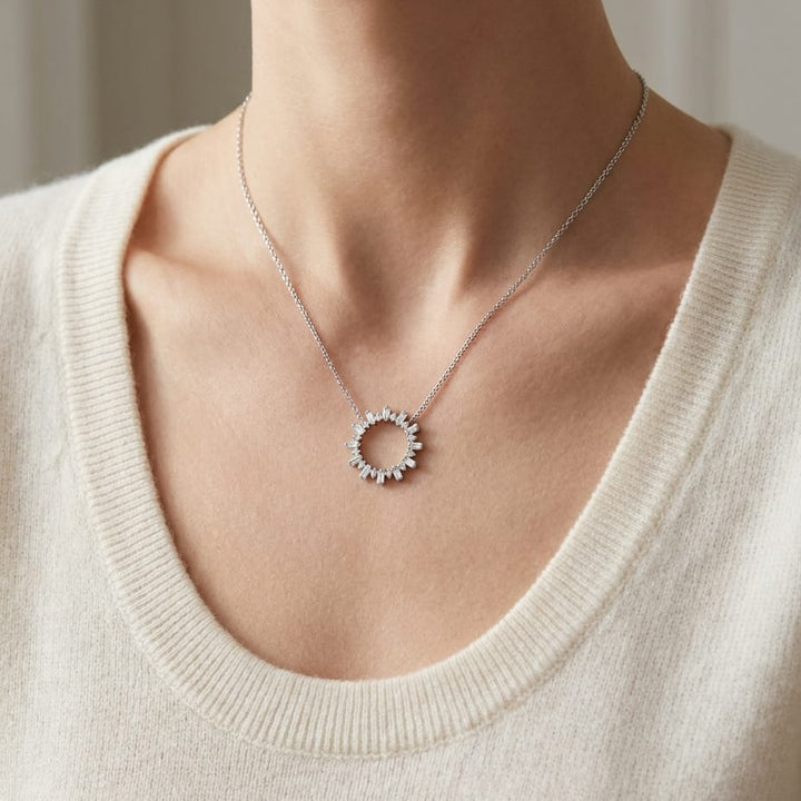 Diamond Sun Ray Necklace In 14k White Gold 0.70ctw, Adjustable 16-18 Inch Length, worn close-up portrait