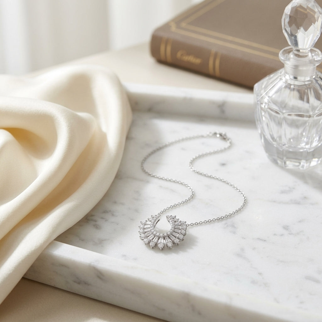 Round 3/8ctw & 1/3ctw Baguette Diamond Necklace with 16-18 Adj Chain Set in 14K White Gold - editorial