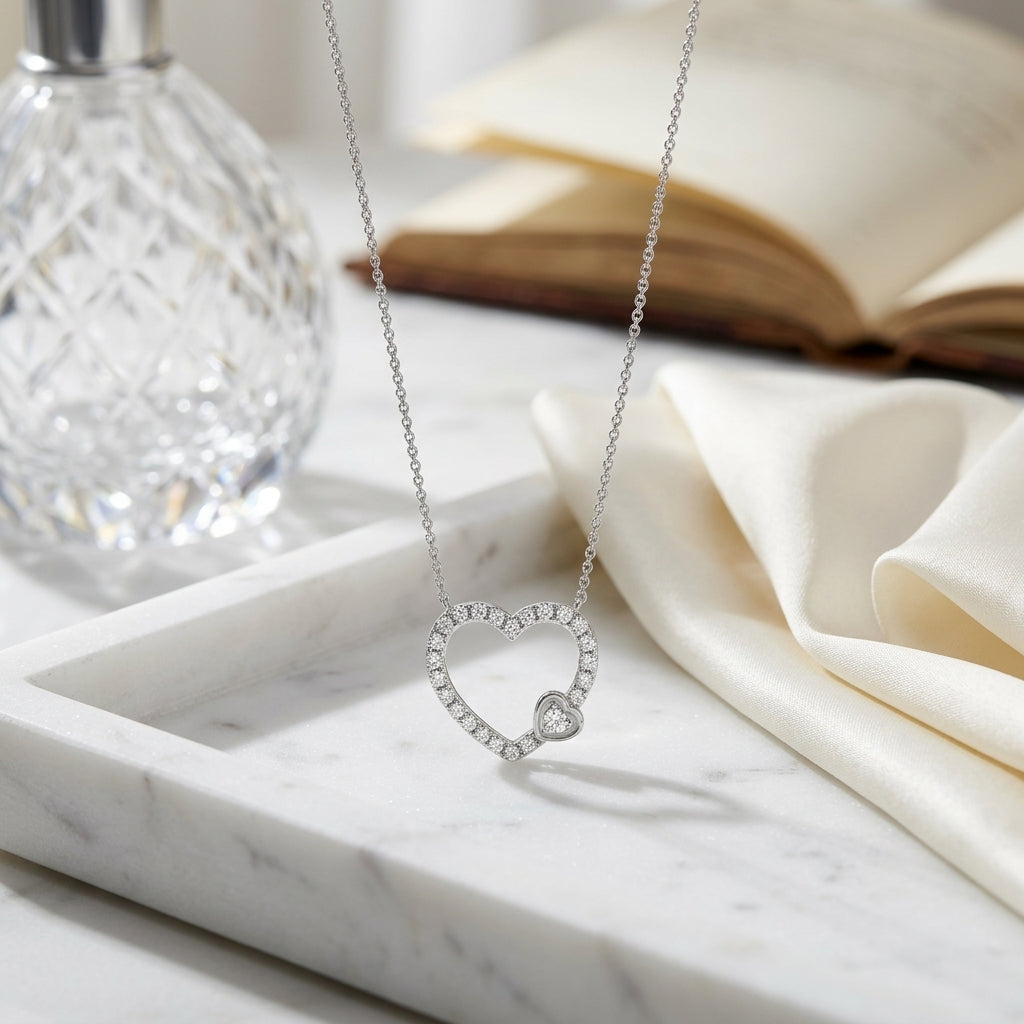 Diamond 1/2ctw Heart Necklace with 16/18 Adj Chain Set in 14K White Gold - editorial