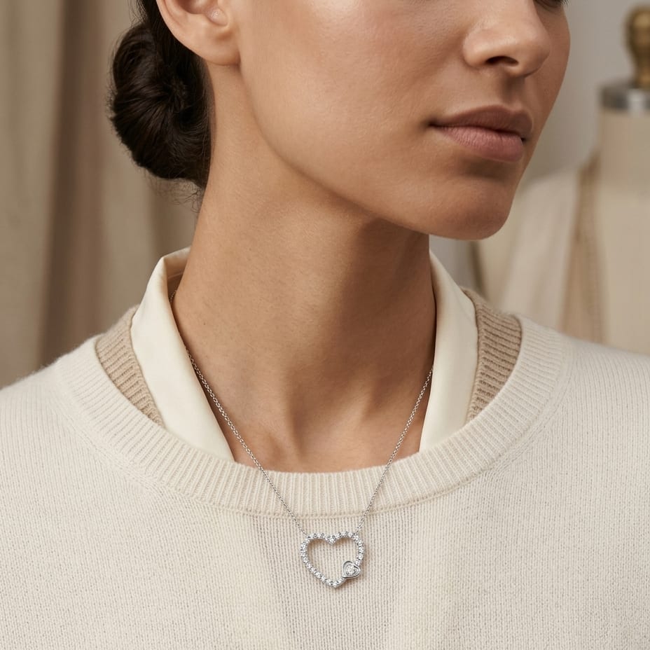 Diamond 1/2ctw Heart Necklace with 16/18 Adj Chain Set in 14K White Gold - lifestyle