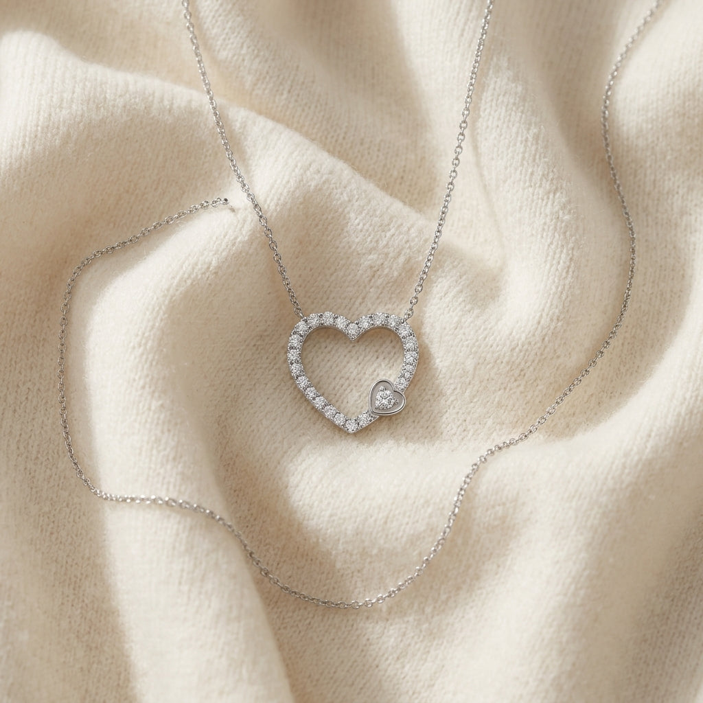 Diamond 1/2ctw Heart Necklace with 16/18 Adj Chain Set in 14K White Gold - flat lay