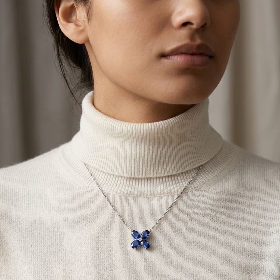Blue Sapphire & Diamond Necklace Set in 14K White Gold - editorial