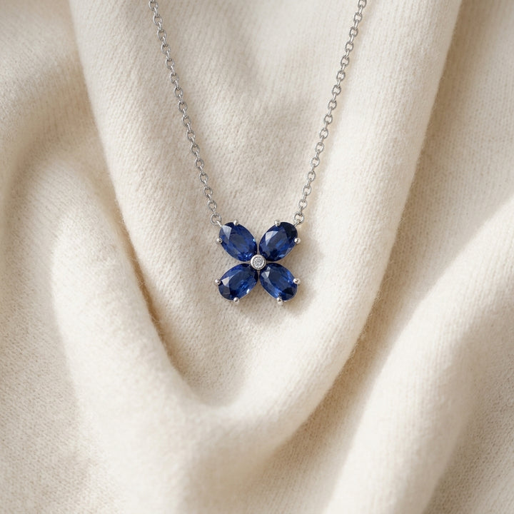 Blue Sapphire & Diamond Necklace Set in 14K White Gold - flat lay