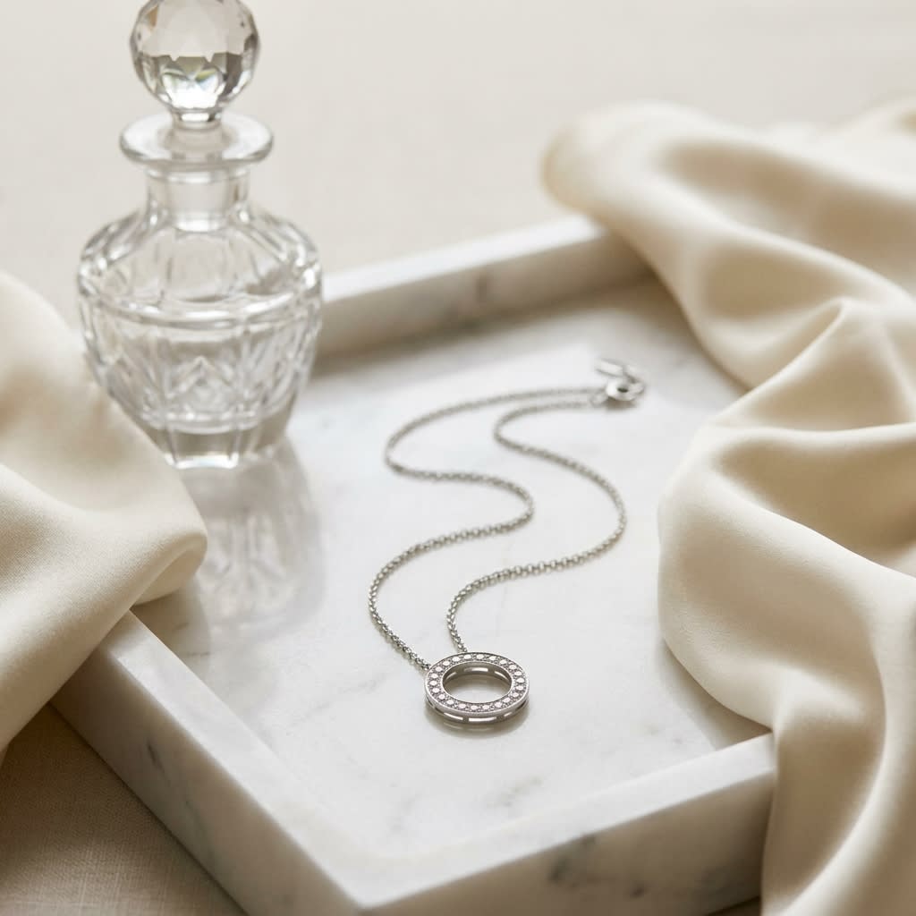 Diamond Halo Necklace in 14K White Gold, 1.90ct, on marble vanity tray with silk