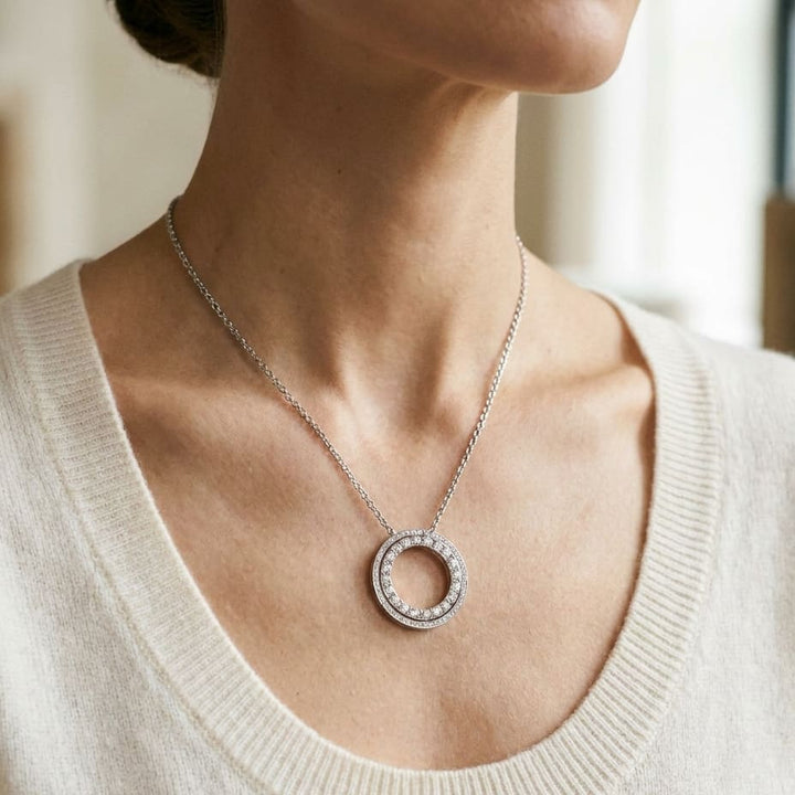 Diamond Halo Necklace in 14K White Gold, 1.90ct, worn close-up portrait