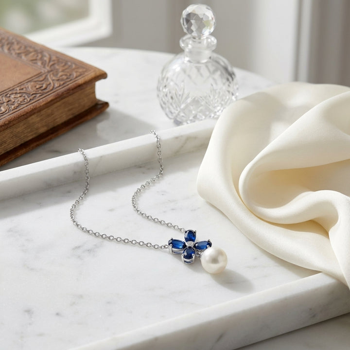 Freshwater Pearl Blue Sapphire & Diamond Floral Necklace in 14K White Gold - lifestyle