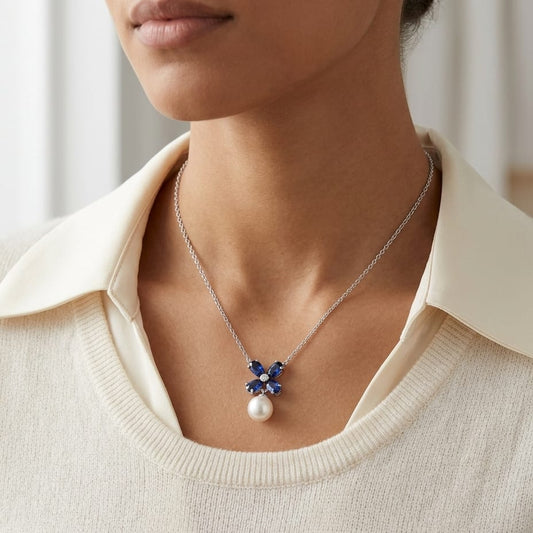 Freshwater Pearl Blue Sapphire & Diamond Floral Necklace in 14K White Gold - editorial