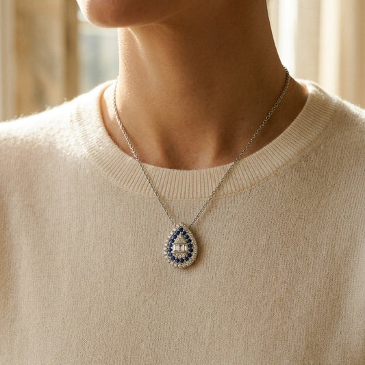 Sapphire & Diamond Pear Shape Necklace 16-18 Inch Adjustable Cable Chain in 14K White Gold - editorial