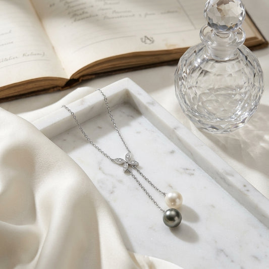 Tahitian & Freshwater Pearl with Diamond Accent Floral Necklace in 14K White Gold - editorial