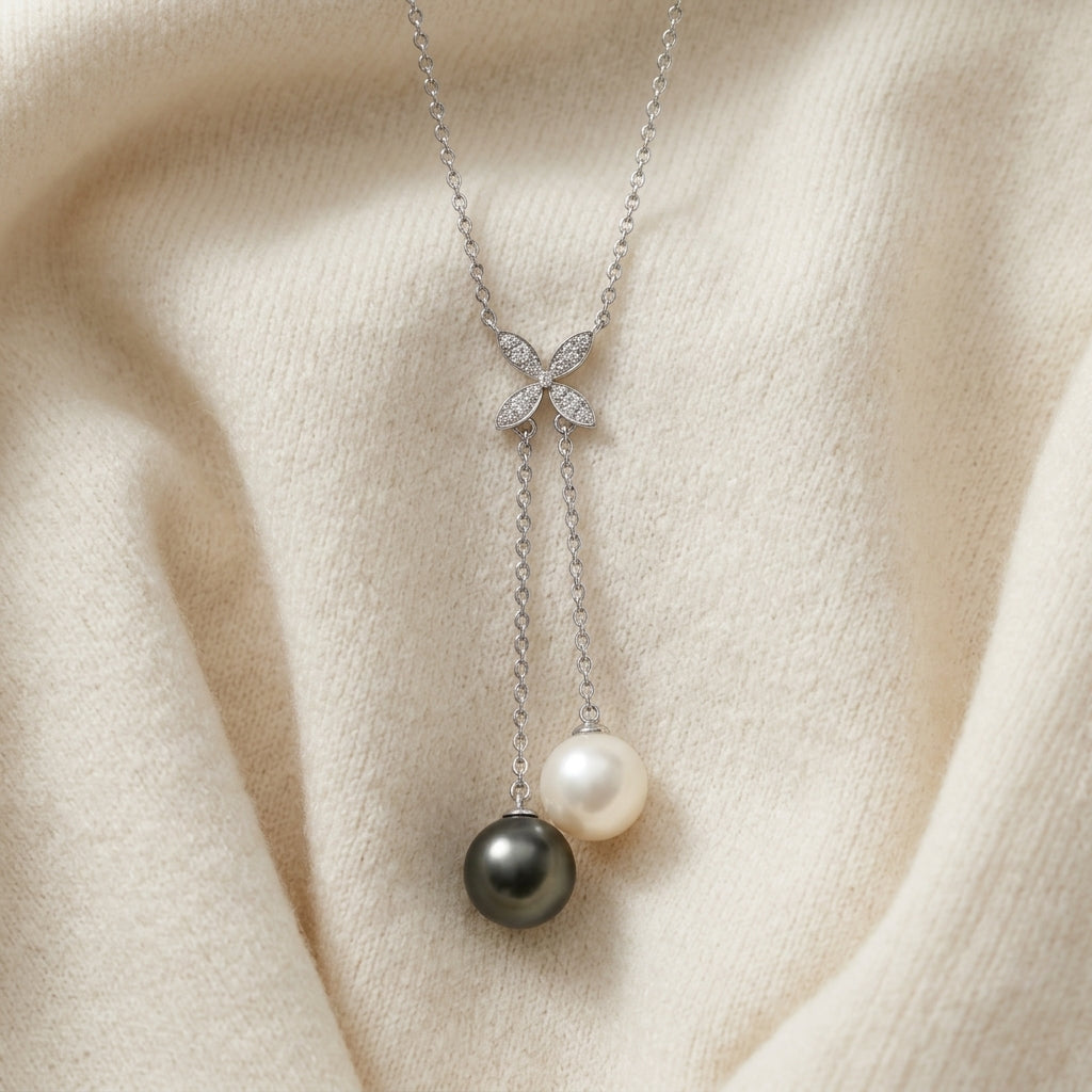 Tahitian & Freshwater Pearl with Diamond Accent Floral Necklace in 14K White Gold - flat lay