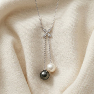 Tahitian & Freshwater Pearl with Diamond Accent Floral Necklace in 14K White Gold - flat lay