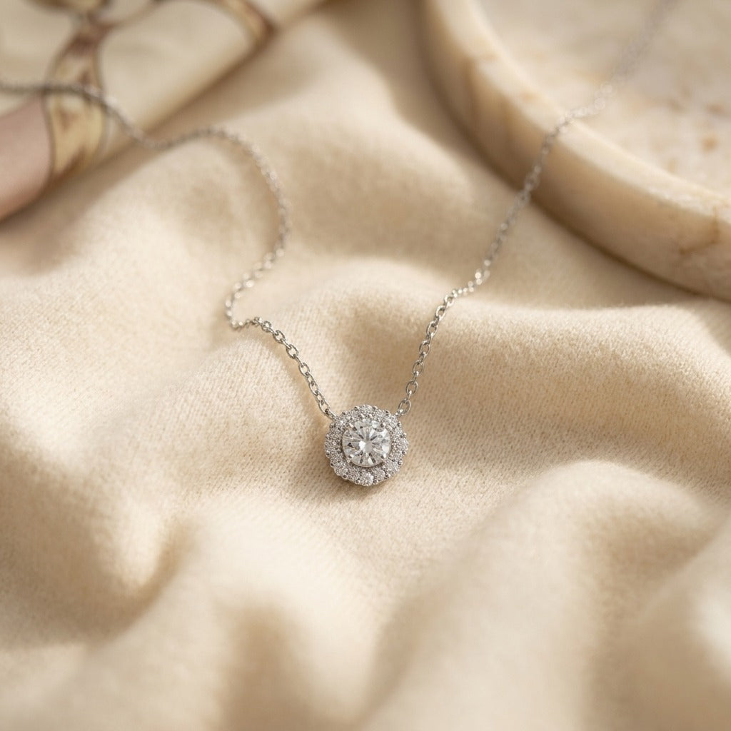 Diamond Halo Necklace 1ctw 16-18 Inch Adjustable Chain in 14K White Gold - flat lay