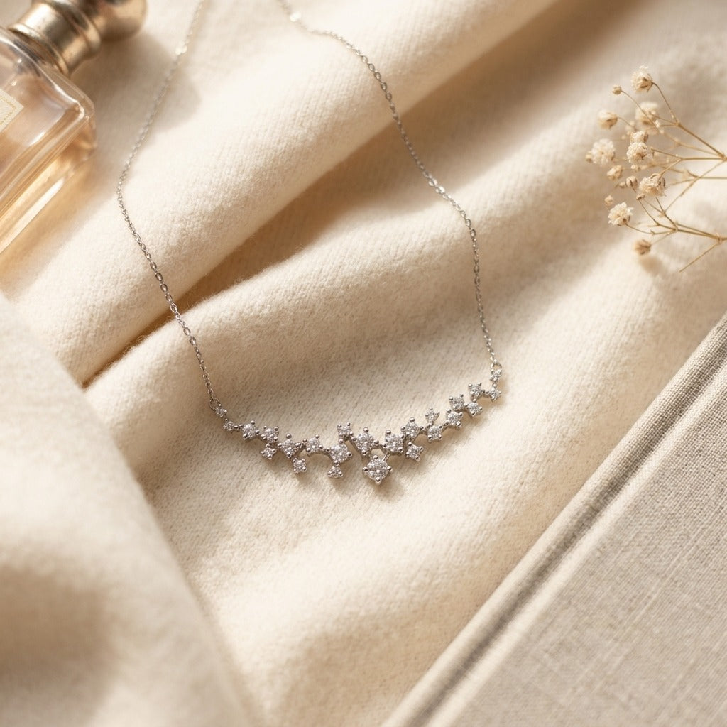 Diamond Round Brilliant Scattered Necklace 4/5ctw 16-18in Adj in 14K White Gold - flat lay