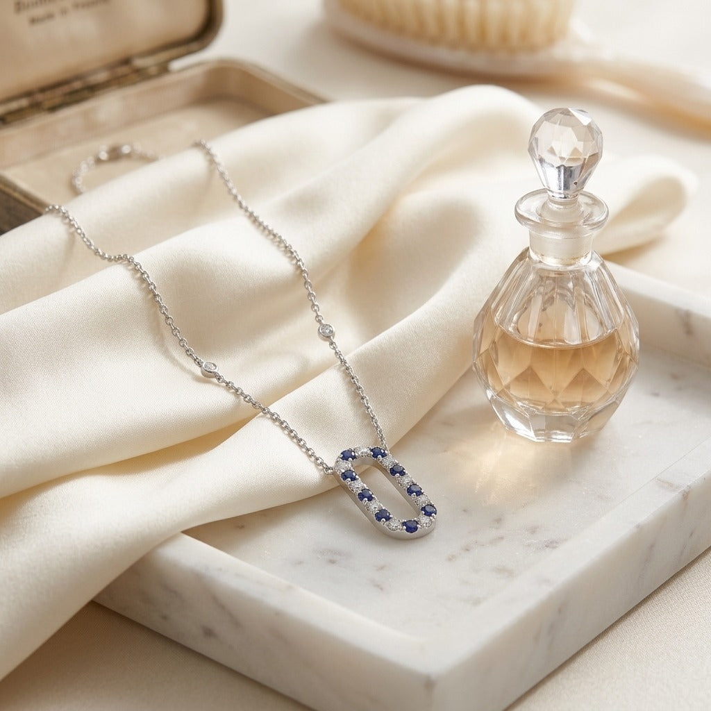 Sapphire & Diamond Alternating Paperclip Necklace 1/3ctw 16-18 Inch Adjustable Length in 14K White Gold - editorial