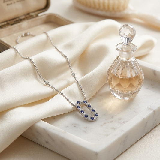 Sapphire & Diamond Alternating Paperclip Necklace 1/3ctw 16-18 Inch Adjustable Length in 14K White Gold - editorial