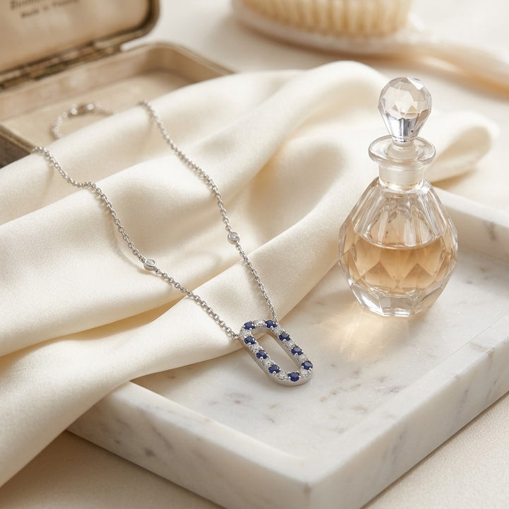 Sapphire & Diamond Alternating Paperclip Necklace 1/3ctw 16-18 Inch Adjustable Length in 14K White Gold - editorial