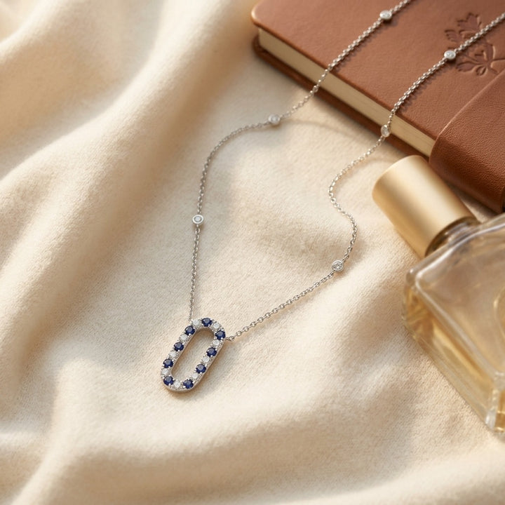 Sapphire & Diamond Alternating Paperclip Necklace 1/3ctw 16-18 Inch Adjustable Length in 14K White Gold - flat lay