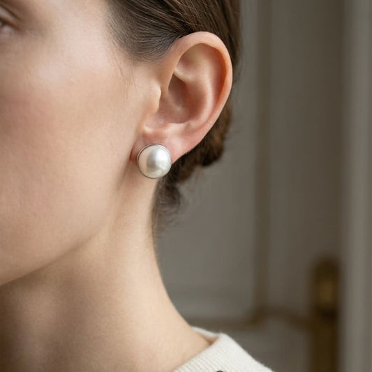 Cultured Pearl Pear Shape Stud Earrings in 14K White Gold, worn close-up portrait