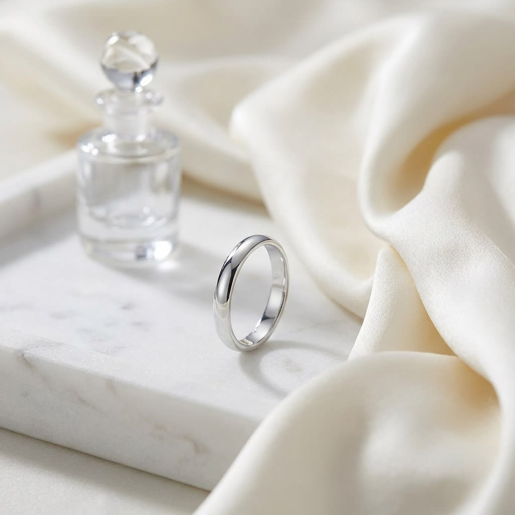 3mm Slightly Domed Traditional Oval Wedding Band in 14K White Gold, on marble vanity tray with silk