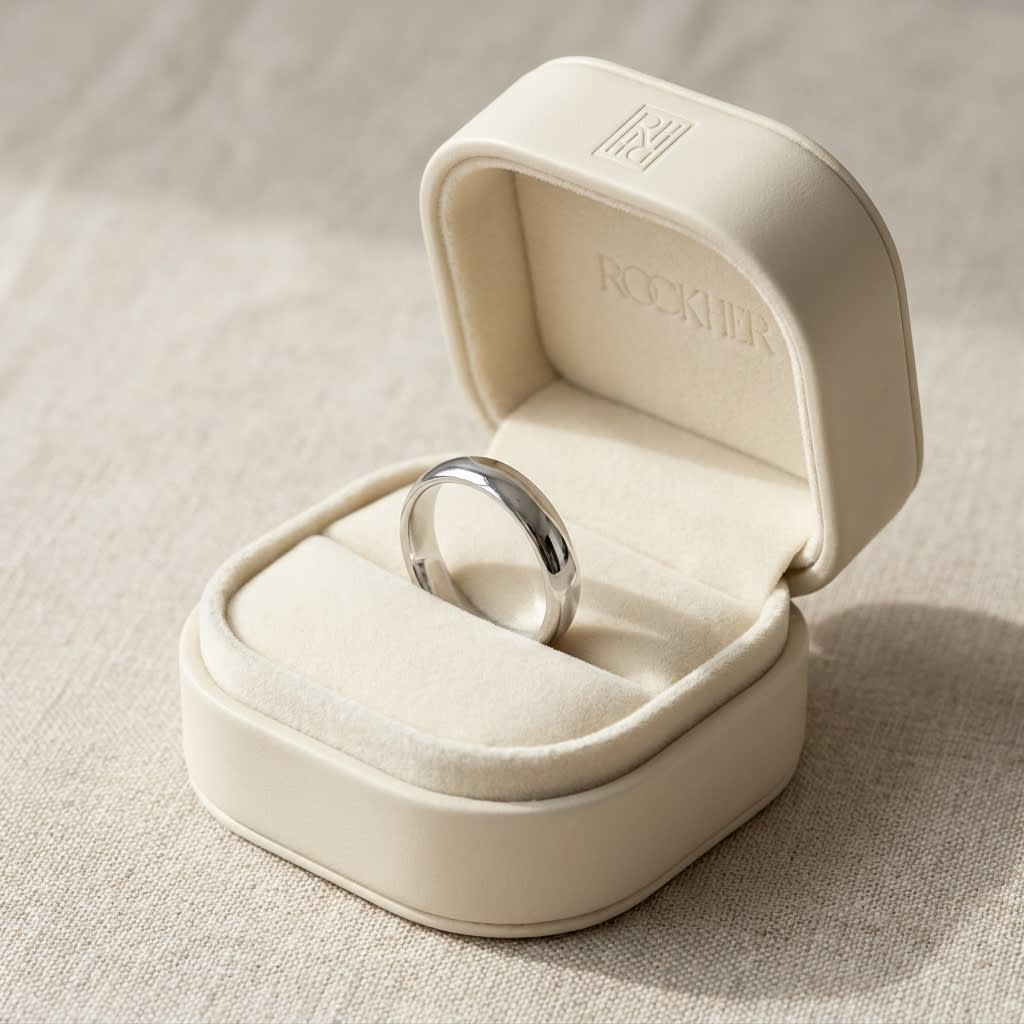 4mm Slightly Domed Traditional Oval Wedding Band in 14K White Gold, in navy velvet jewelry box