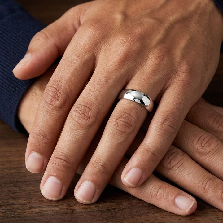 7mm Slightly Domed Traditional Oval Wedding Band in 14K White Gold, worn on hand, masculine close-up