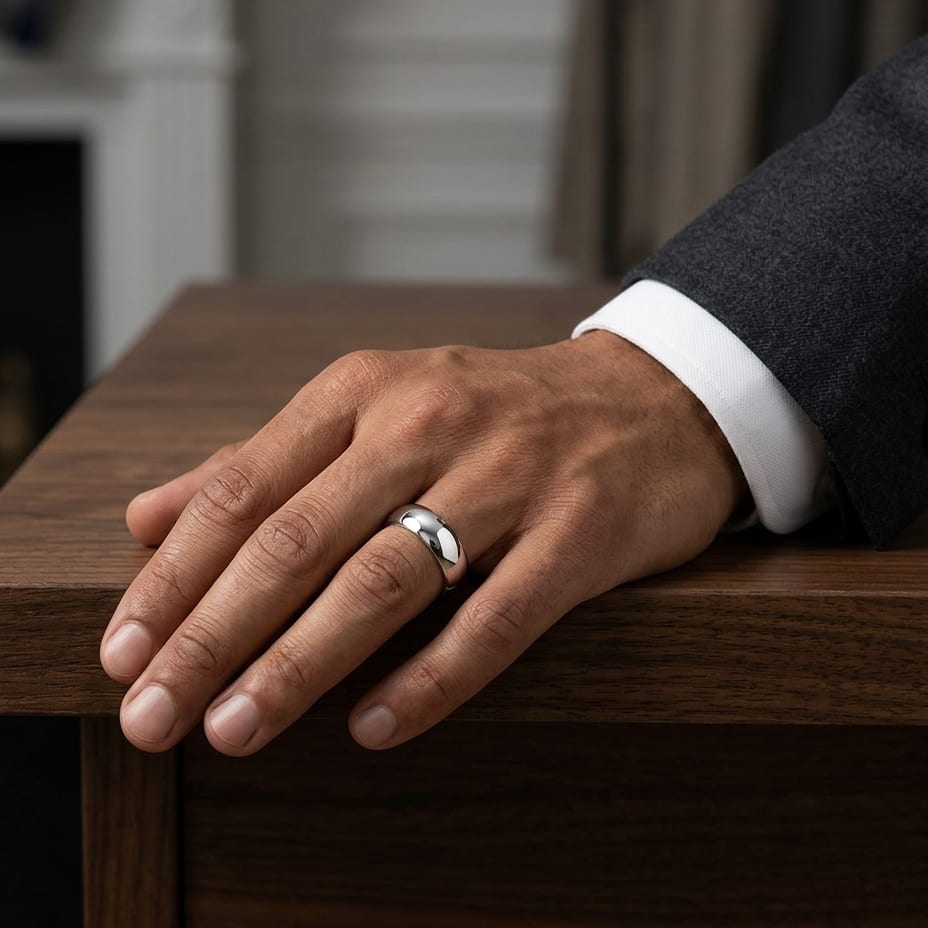 7mm Slightly Domed Traditional Oval Wedding Band in 14K White Gold, worn on hand, masculine full view