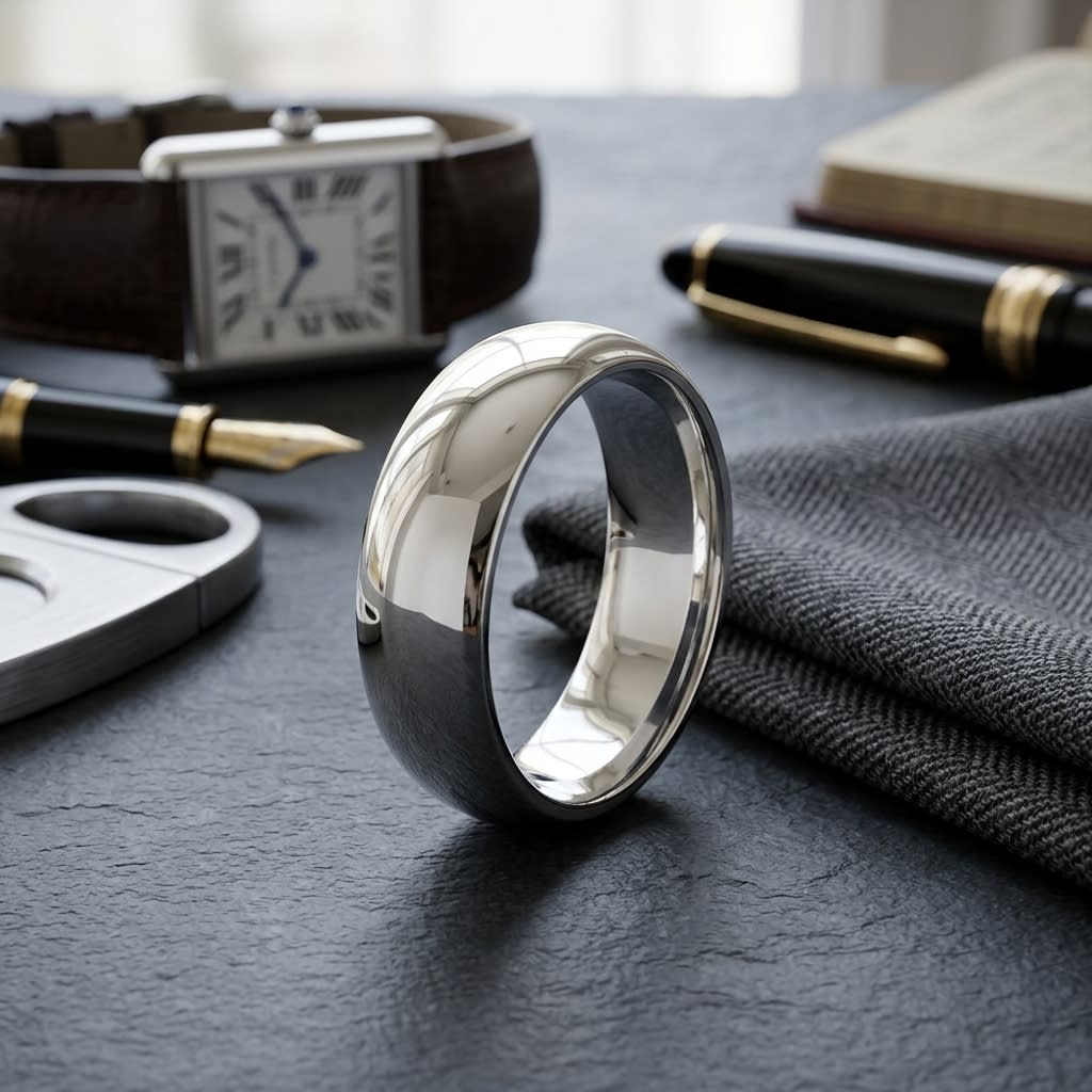 7mm Slightly Domed Traditional Oval Wedding Band in 14K White Gold, on walnut surface with pocket square