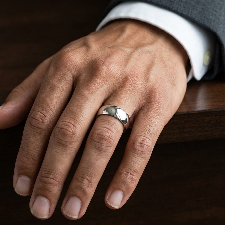 8mm Slightly Domed Traditional Oval Wedding Band in 14K White Gold, worn on hand, masculine close-up