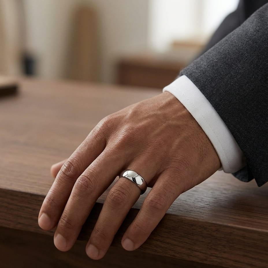 8mm Slightly Domed Traditional Oval Wedding Band in 14K White Gold, worn on hand, masculine full view