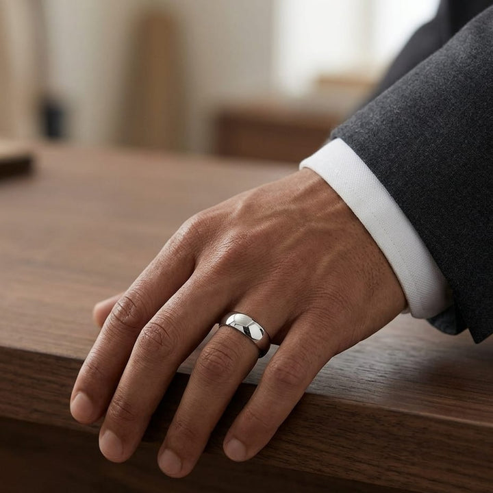 8mm Slightly Domed Traditional Oval Wedding Band in 14K White Gold, worn on hand, masculine full view