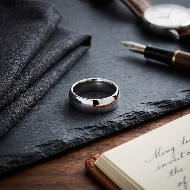8mm Slightly Domed Traditional Oval Wedding Band in 14K White Gold, on walnut surface with pocket square