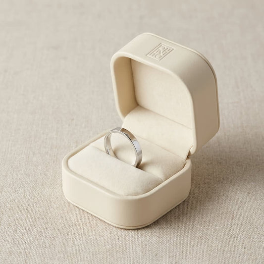 3mm Traditional Flat Wedding Band in 14K White Gold, in navy velvet jewelry box