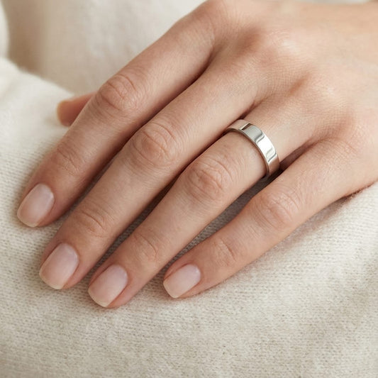 4mm Traditional Flat Wedding Band in 14K White Gold, worn on hand, close-up