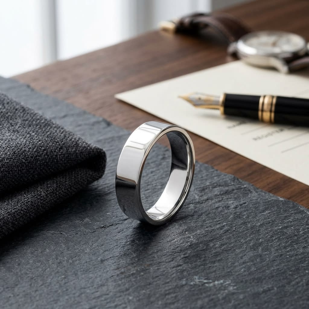 5mm Traditional Flat Wedding Band in 14K White Gold, on walnut surface with pocket square